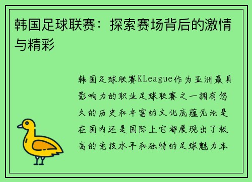 韩国足球联赛：探索赛场背后的激情与精彩
