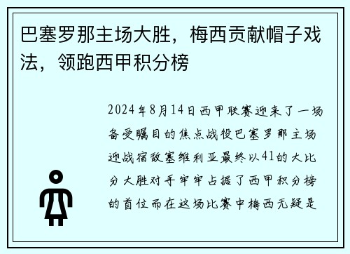 巴塞罗那主场大胜，梅西贡献帽子戏法，领跑西甲积分榜
