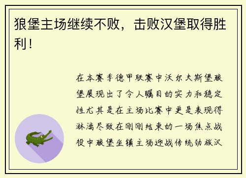狼堡主场继续不败，击败汉堡取得胜利！
